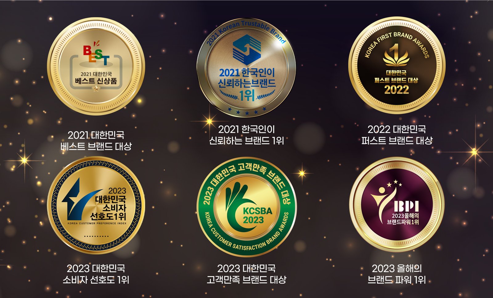 2021 베스트브랜드 대상, 한국인이 신뢰하는 브랜드 1위, 2022 퍼스트브랜드 대상, 2023 소비자 선호도 1위, 고객만족 브랜드 대상, 브랜드 파워 1위